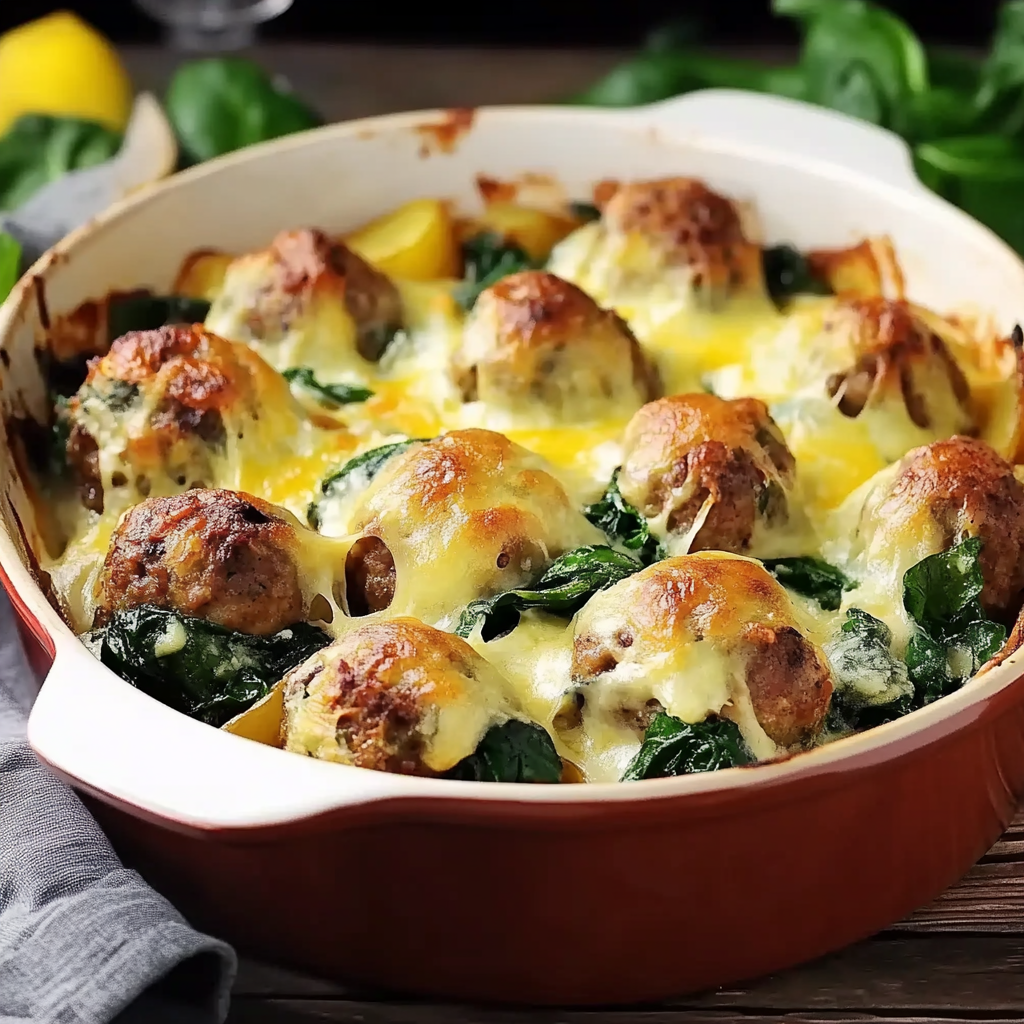 Ultimate Cheesy Spinach, Meatball & Potato Bake Recipe
